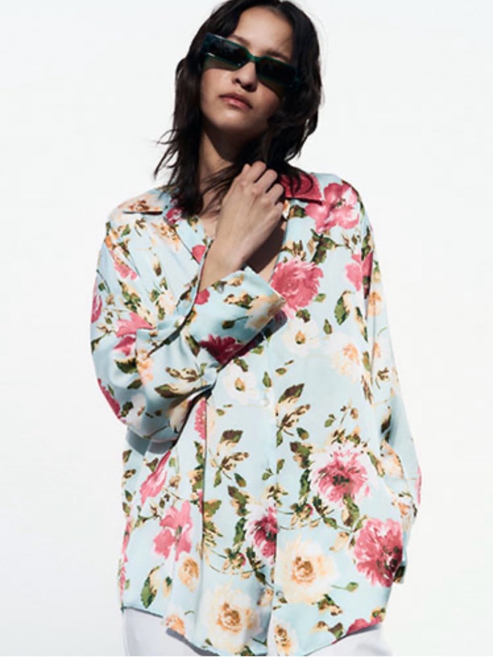 Zara Floral Satin Shirt - Light Blue with Pink Rose Print